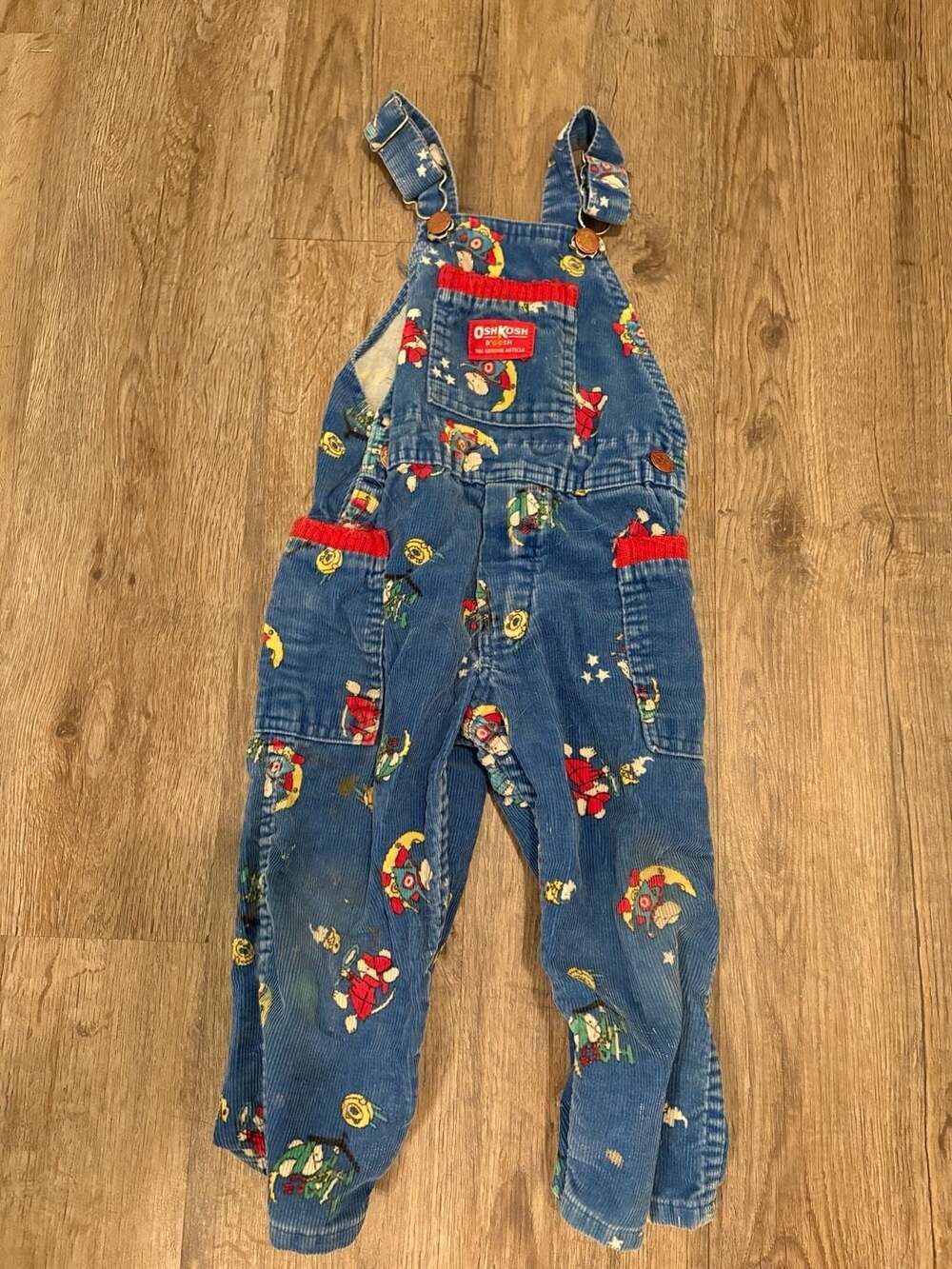 Vintage OshKosh B'gosh Blue Corduroy Astronaut Mouse Print Overalls Size 2T Made